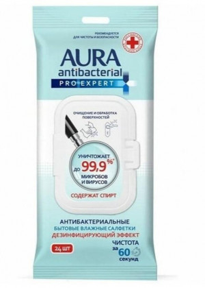 Влажные салфетки бытовые Aura Antibacterial Pro-Expert, белый, 24 ш 2205367