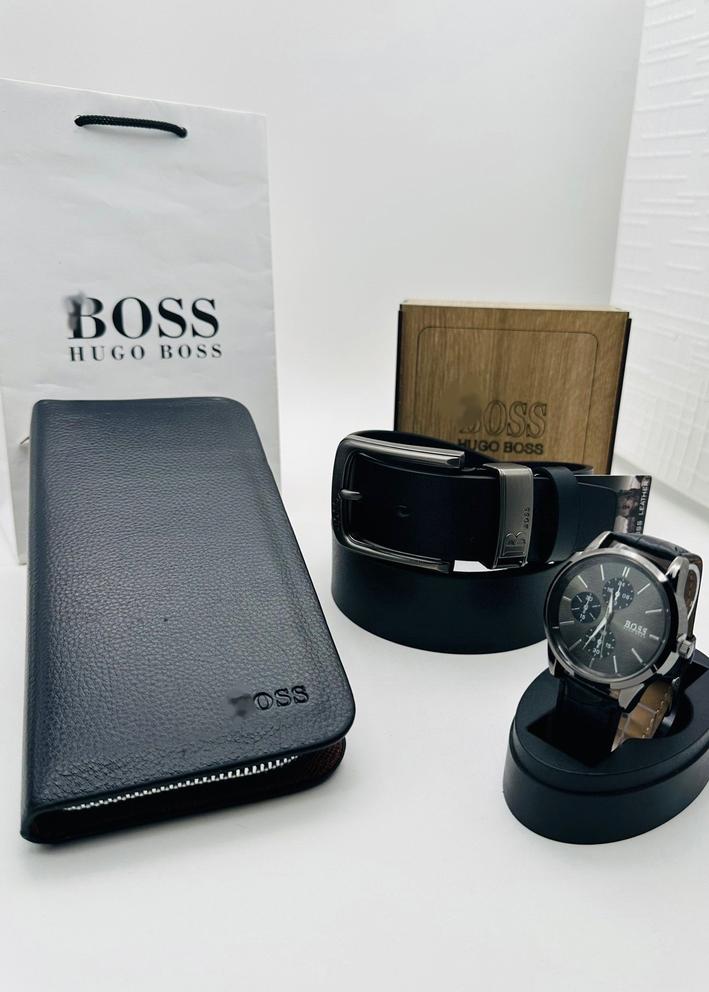 Подарочный набор для мужчины ремень, кошелек, часы + коробка 