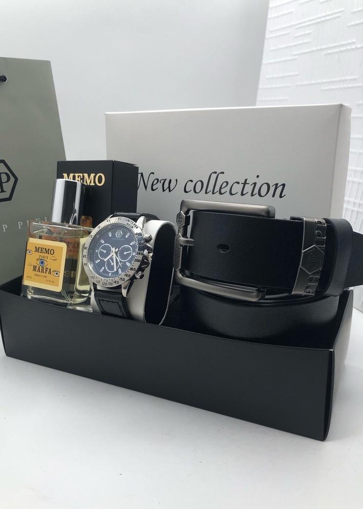 Подарочный набор для мужчины ремень, часы, духи + коробка 